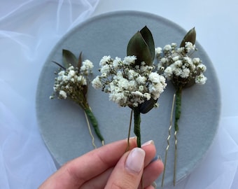 Eucalyptus hair pins Babys breath hair pins Gypsophila hair piece Dried flower hair accessory Rustic floral headpiece Boho wedding accessory