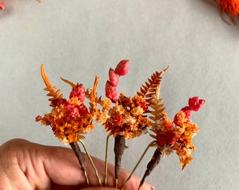 Terracotta hair pins Dried flower hairpiece Wedding hair accessories Burnt orange hair clips Bride floral Boho Rustic headpiece Teracotta