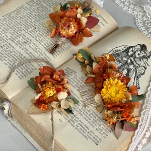 Terracotta Bridal autumn accessory Set Dried flower crown Burgundy wreath Wedding floral Hair pins Fall Comb Burnt Orange Clips Bridesmaid
