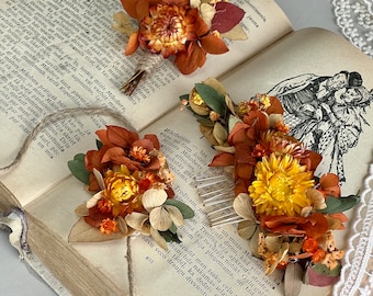 Terracotta Bridal autumn accessory Set Dried flower crown Burgundy wreath Wedding floral Hair pins Fall Comb Burnt Orange Clips Bridesmaid