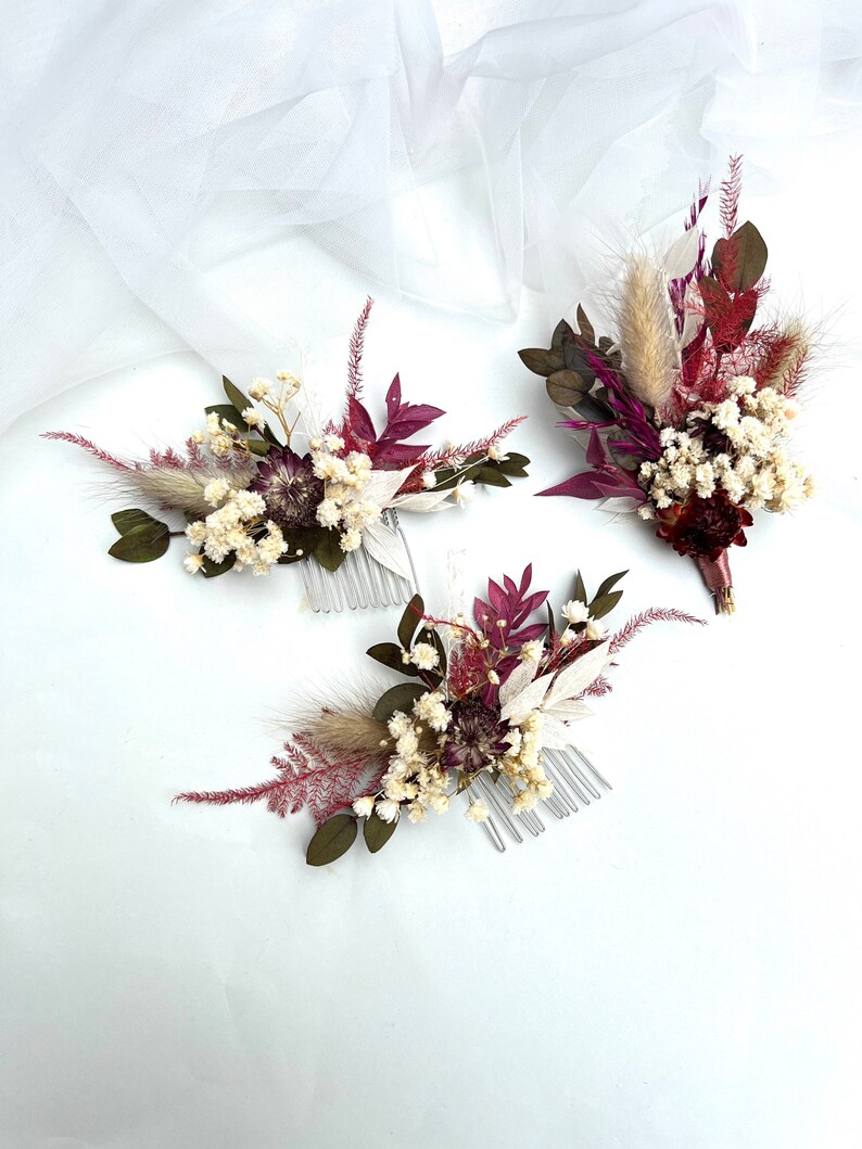 Burgundy dried flower hair comb Flowers hair accessory Autumn boutonniere Boho dried flower headpiece Rustic hair piece Burgundy boutonniere image 4