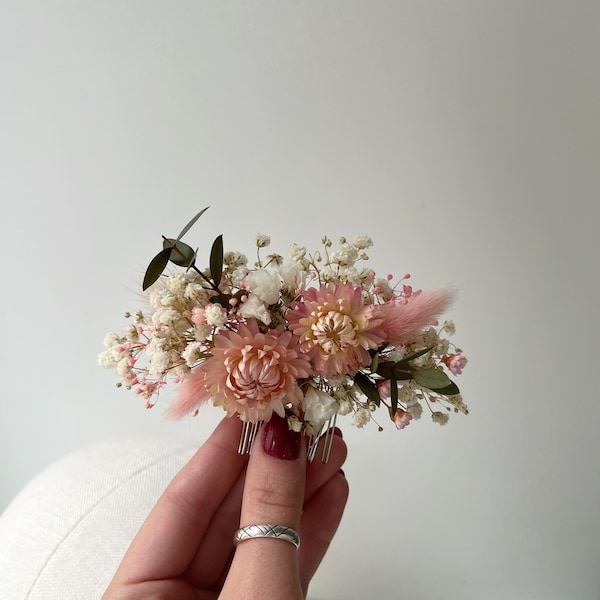 Peluquería de flores secas Accesorio para el pelo de flor de fresa Tocado floral de hierba de las Pampas Boho peine de flores secas rosa claro Peine de flores secas pequeño