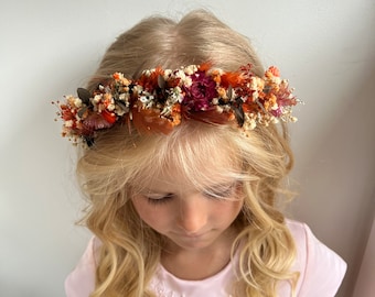 Terracotta crown Dried Autumn Wedding Crown Boho Brunt Rust hair piece fLOWER GIRL orange crown Gypsophila flower Wreath Feather headpiece