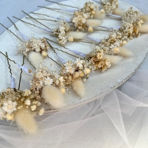 Épingles à cheveux fleurs séchées Boho blanc ivoire Épingles à cheveux fleurs de mariage Accessoires pour cheveux de mariée Postiche fleurs séchées Épingle à cheveux bohème herbe de pampa image 9