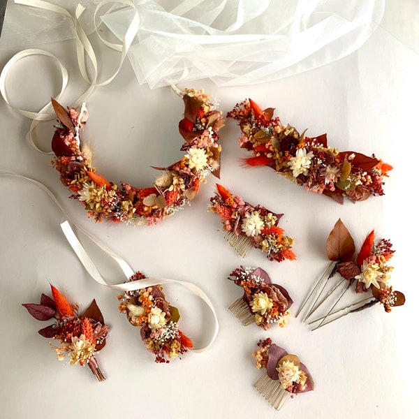 Terracotta Bridal autumn accessory Set Dried flower crown Burgundy wreath Wedding floral Hair pins Fall Comb Burnt Orange Clips Bridesmaid