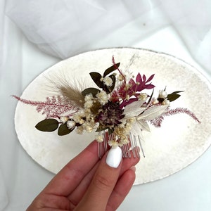 Burgundy dried flower hair comb Flowers hair accessory Autumn boutonniere Boho dried flower headpiece Rustic hair piece Burgundy boutonniere image 8