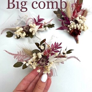 Burgundy dried flower hair comb Flowers hair accessory Autumn boutonniere Boho dried flower headpiece Rustic hair piece Burgundy boutonniere image 9