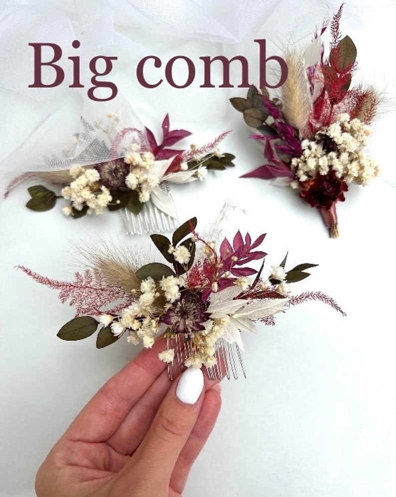 Burgundy dried flower hair comb Flowers hair accessory Autumn boutonniere Boho dried flower headpiece Rustic hair piece Burgundy boutonniere image 9