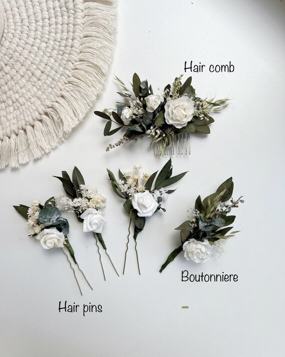 White Rose and Leaves Bridal Hair Clip White Rose Hair Clip: Polymer Clay Floral Bridal Accessory  main image 4