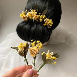 Aplique de cabelo amarelo Babys Breath Aplique de cabelo Gypsophila Acessório de cabelo com flores secas Grampos de cabelo de eucalipto Boho Flores secas Rosas Acessório de cabeça