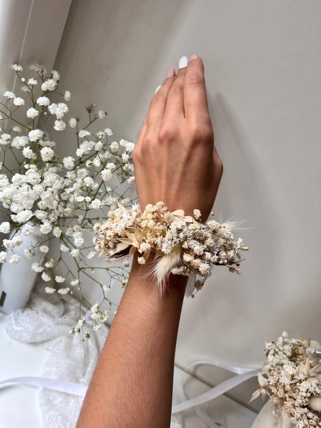 Fdit Set di 2 Damigella Braccialetti di Matrimonio exquis Floreale Polso Donne Ragazze Corsage Party Prom Dance Fiore Bouquet Decorazione per Festa Matrimonio # 3 Rose + Blanc