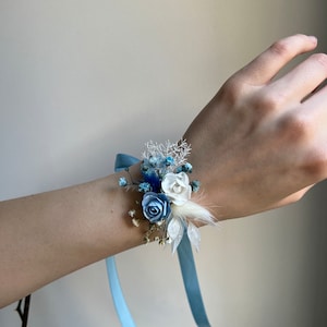 Baby blue flower bracelet Bridesmaid bracelet Rose flower wrist corsage Ocean wedding accessory Peony flower Bridesmaid blue accessory Dried
