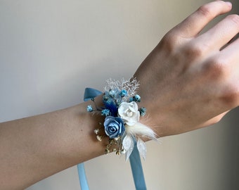 Baby blue flower bracelet Bridesmaid bracelet Rose flower wrist corsage Ocean wedding accessory Peony flower Bridesmaid blue accessory Dried