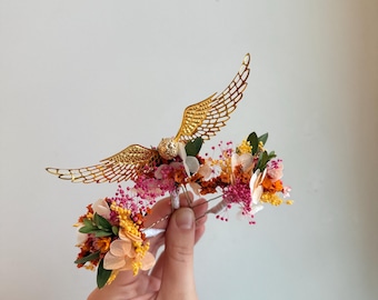 Purple snitch hair piece Dried flower hair piece Always Magical gold wings hair comb Burgundy HP wedding Hair accessory Lavender hair clips