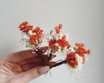 Épingles à cheveux en terre cuite Épingles à cheveux de fleurs séchées Pièce de cheveux orange boho de mariage Accessoire de cheveux de mariage d'automne Épingle à cheveux de demoiselle d'honneur Gypsophila