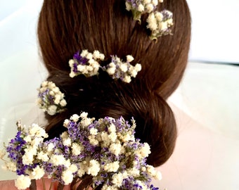 Alfileres de pelo de lavanda Pequeños alfileres de pelo de aliento de bebé Gypsophila seca Alfileres de flores más pequeños Set Accesorios para el cabello nupcial Pieza de pelo de damas de honor