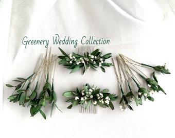 Greenery Eucalyptus Wedding dried flower hair pins Boho Bridal hair clips for Bride floral headpiece Dried Gypsophila comb Bridesmaid decor