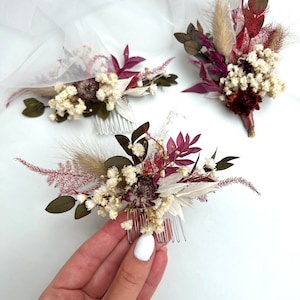 Burgundy dried flower hair comb Flowers hair accessory Autumn boutonniere Boho dried flower headpiece Rustic hair piece Burgundy boutonniere