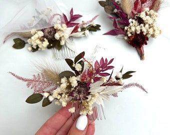 Burgundy dried flower hair comb Flowers hair accessory Autumn boutonniere Boho dried flower headpiece Rustic hair piece Burgundy boutonniere