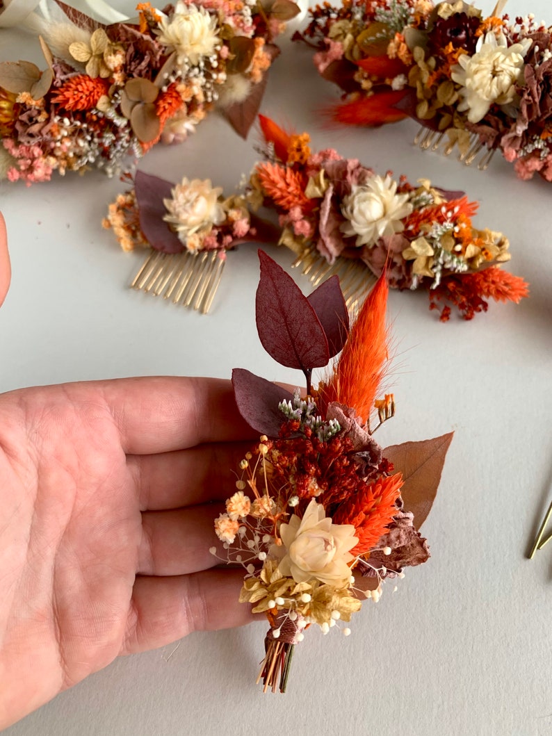 Ensemble d'accessoires de mariée automne en terre cuite couronne de fleurs séchées couronne bordeaux mariage floral épingles à cheveux automne peigne orange brûlé clips demoiselle d'honneur image 9