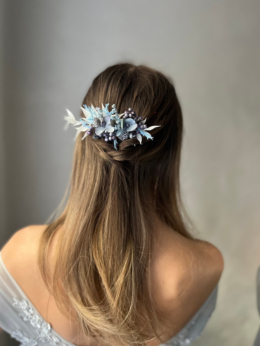 Blue Floral Comb Large Piece Beach wedding Bride White and Blue Bird of Paradise and Plumera hair Comb with  main image 3