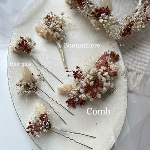 Terracotta Dried boutonniere Gypsophila hair pins Wedding boutonniere Autumn Small bouquet bridal comb flower wreath Orange wedding