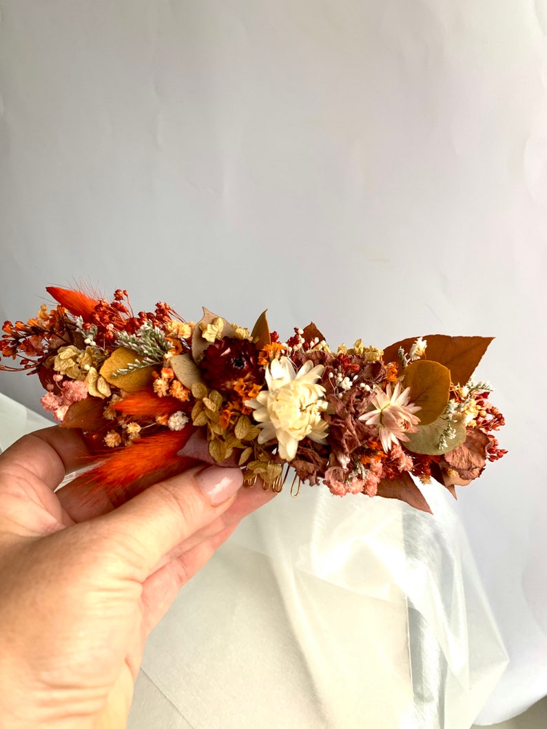 Ensemble d'accessoires de mariée automne en terre cuite couronne de fleurs séchées couronne bordeaux mariage floral épingles à cheveux automne peigne orange brûlé clips demoiselle d'honneur image 8