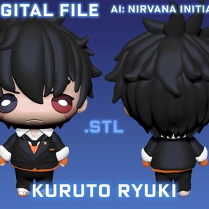 Op de afbeelding: Een 3D-geprint model van een personage uit de anime-serie "Nirvana Initiative". Het personage is een jonge man met zwart haar en rode ogen. Hij draagt ​​een zwart pak met een wit overhemd en een rode stropdas. Het model is in STL-formaat en klaar om te worden afgedrukt.