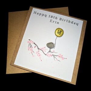 Handgemachte Personalisierte niedliche Vogel Pebble Art Geburtstags-Karte Ballon / Alter