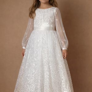 Vestido de primera comunión de encaje: mangas largas, vestido blanco para niña de las flores