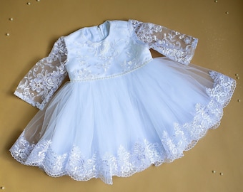 Spitze Langarm Taufkleid: Weiß Tüll Baby Blessing Outfit