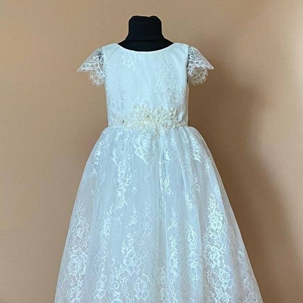 First communion dress tea length, Ivory communion dress,Lace flower girl dress.