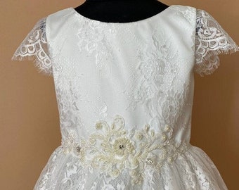 Communion dress tea length.First communion dress.Ivory flower girl dress.