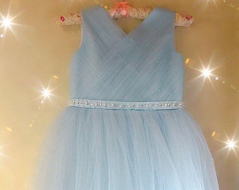 Blue flower girl dress,Junior bridesmaid dress,Girls dress for special occasion ,Tulle flower girl dress.