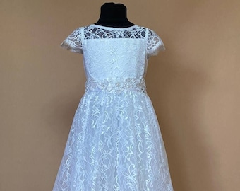 White Lace First Communion Dress: Embroidered Flower Belt