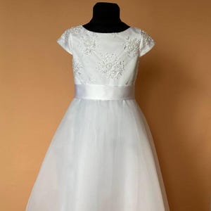 Lace First Communion Dress: Embroidered Beads, Organza Flower Girl Dress