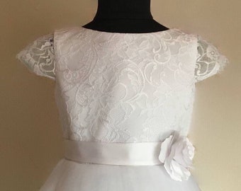 First holy communion dress tea length ,White communion dress,First communion dress for girls,White flower girl dress tea length.