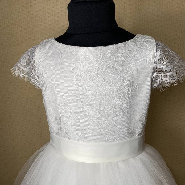 First Communion Dress, Communion Dress Tea Length, Short Sleeve Ivory Communion Dress,Flower Girl Dress.