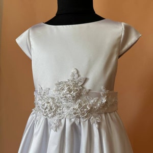 White Satin Communion Dress: Sequined Appliqué, Crystals