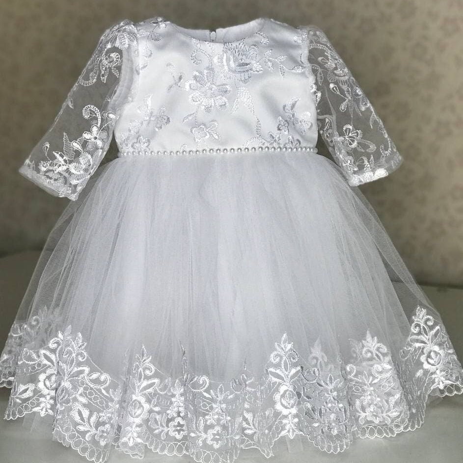 Lace Christening Dress: Long Sleeve Tulle Baptism Gown - Etsy