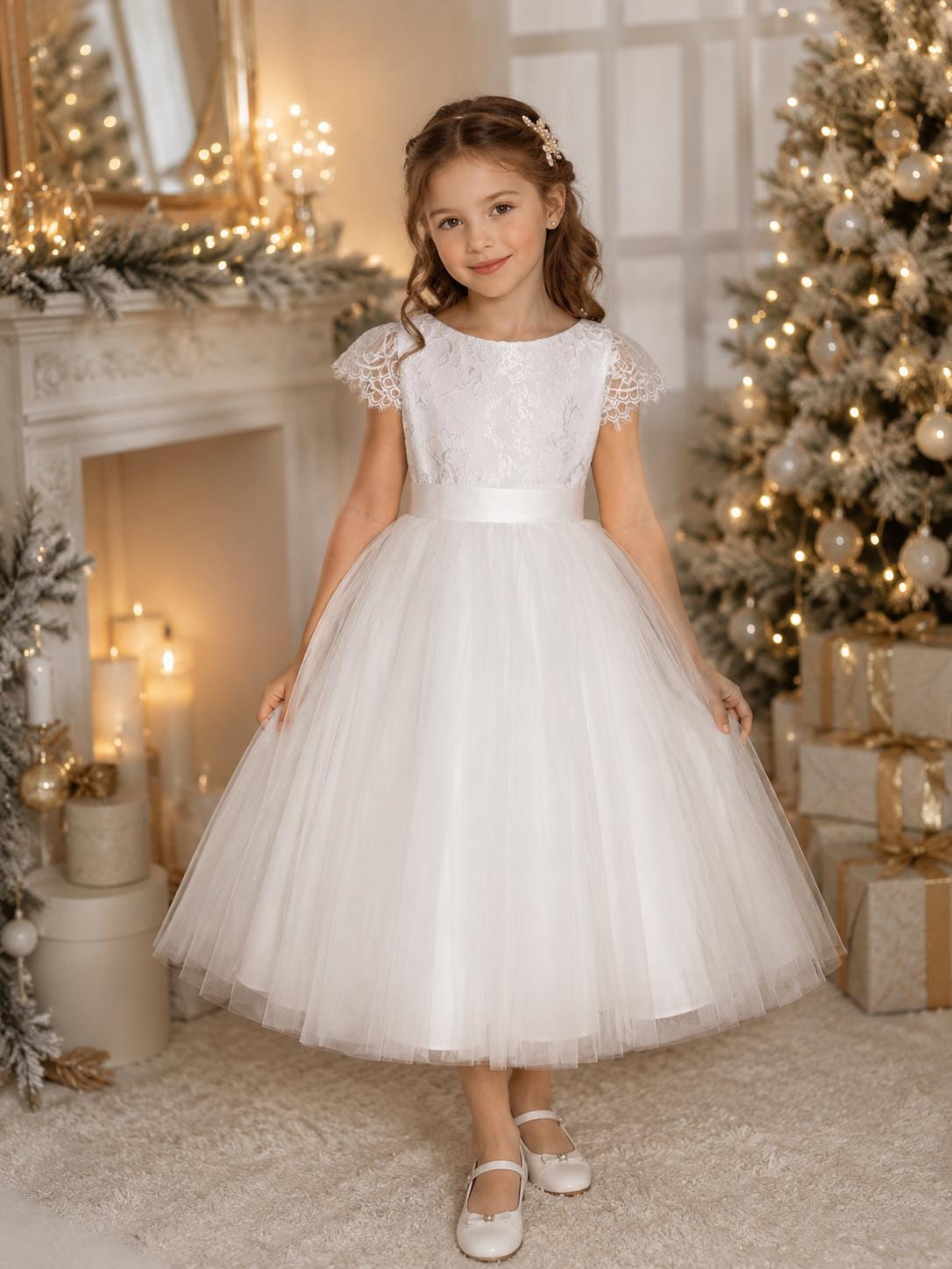 communion dresses knee length Sunnypetal White Flower Girl Dresses Long Sleeve Tulle Lace Bow Knee-Length Communion Dress