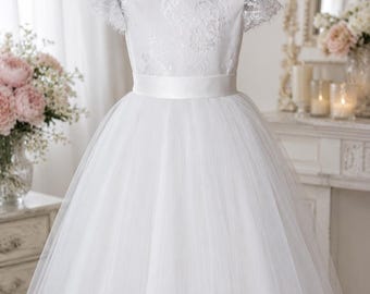 White Flower Girl Dress,, Junior Bridesmaid Dress, First Communion Dress.