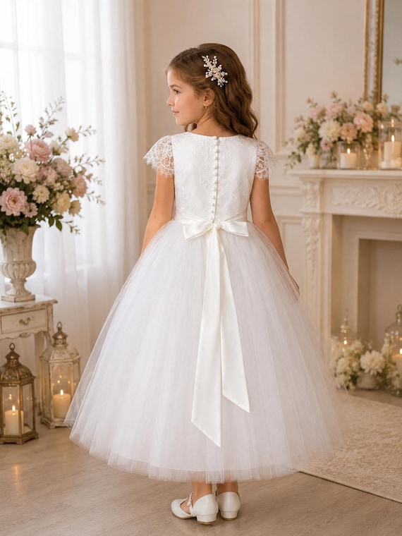 White Flower Girl Dress,, Junior Bridesmaid Dress, First Communion Dress