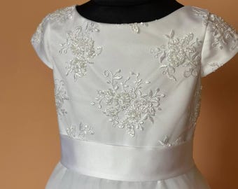 Lace Communion Dress: Beaded Short Sleeve Organza Flower Girl Dress