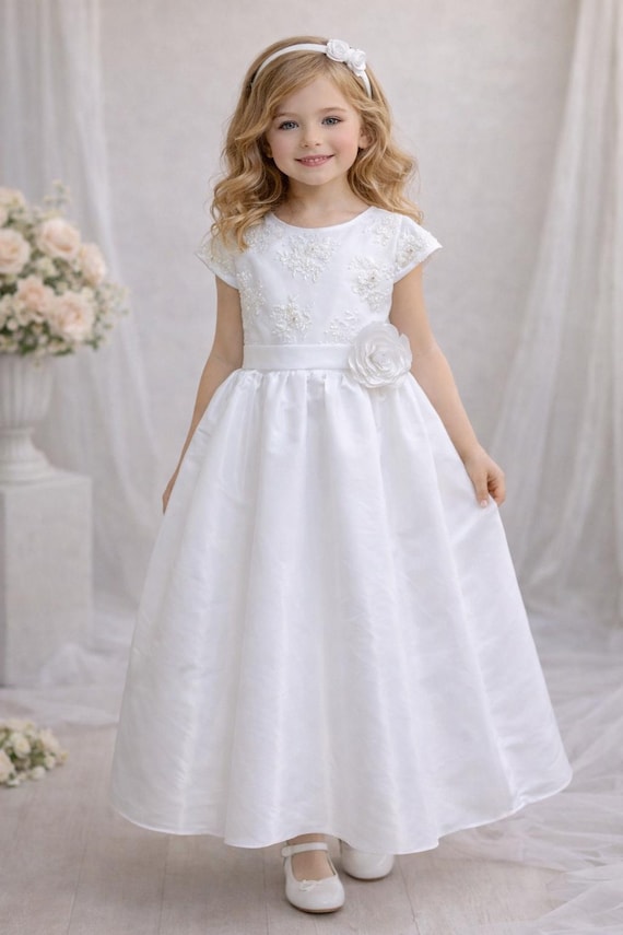 Lace First Communion Dress: Embroidered Beads, Flower Belt