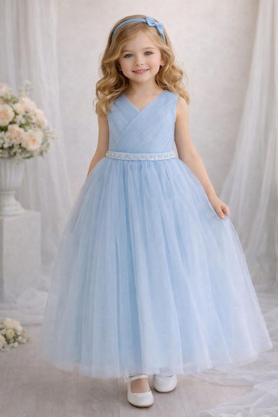 hollywood blue dress Ivory Satin Flower Girl Dress, Navy Blue Belt / Bow