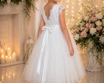 White Lace First Communion Dress: Tulle Flower Girl Dress