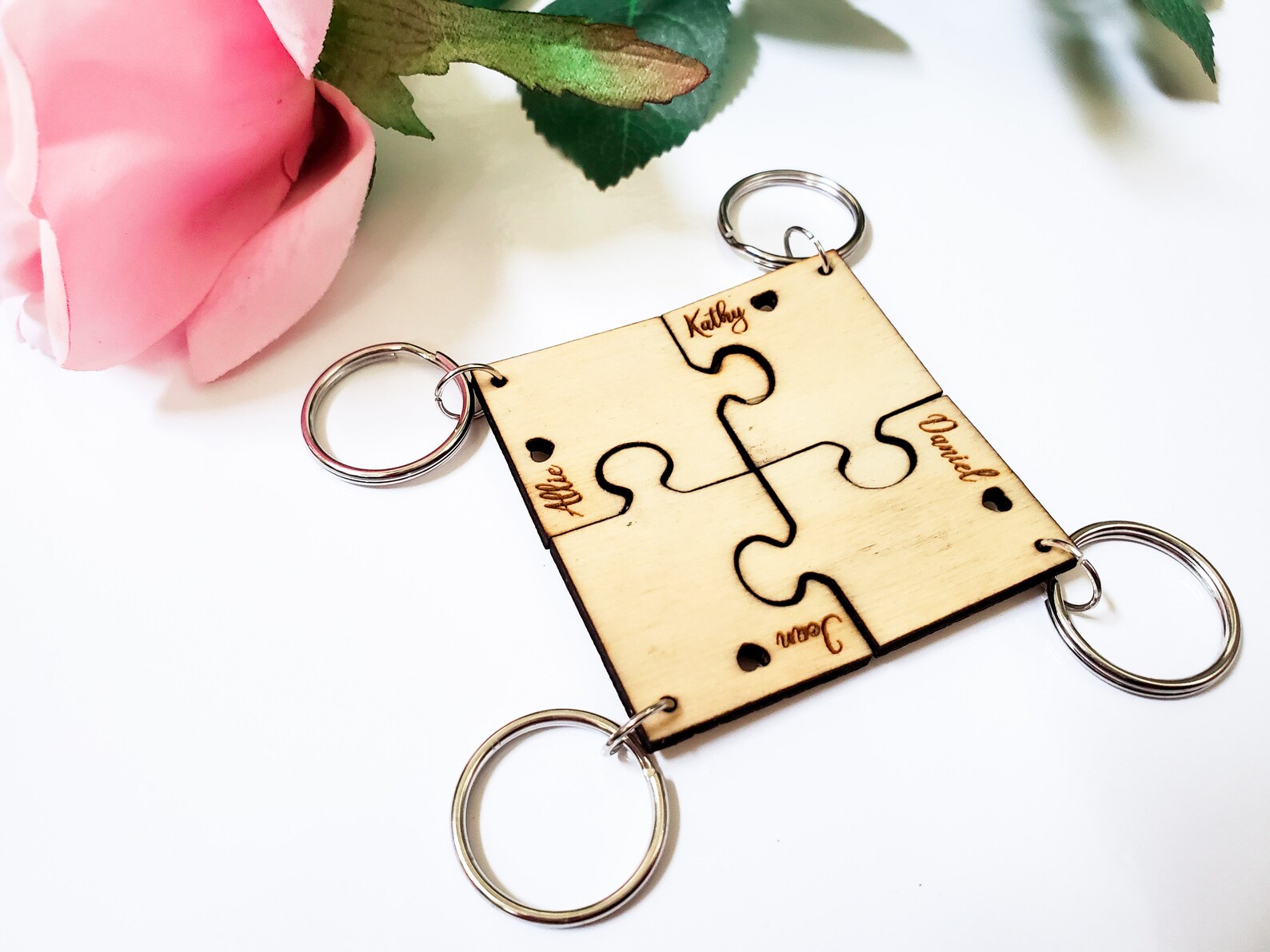 Personalized Puzzle Keychain Engraved Wood Keychain Set Etsy