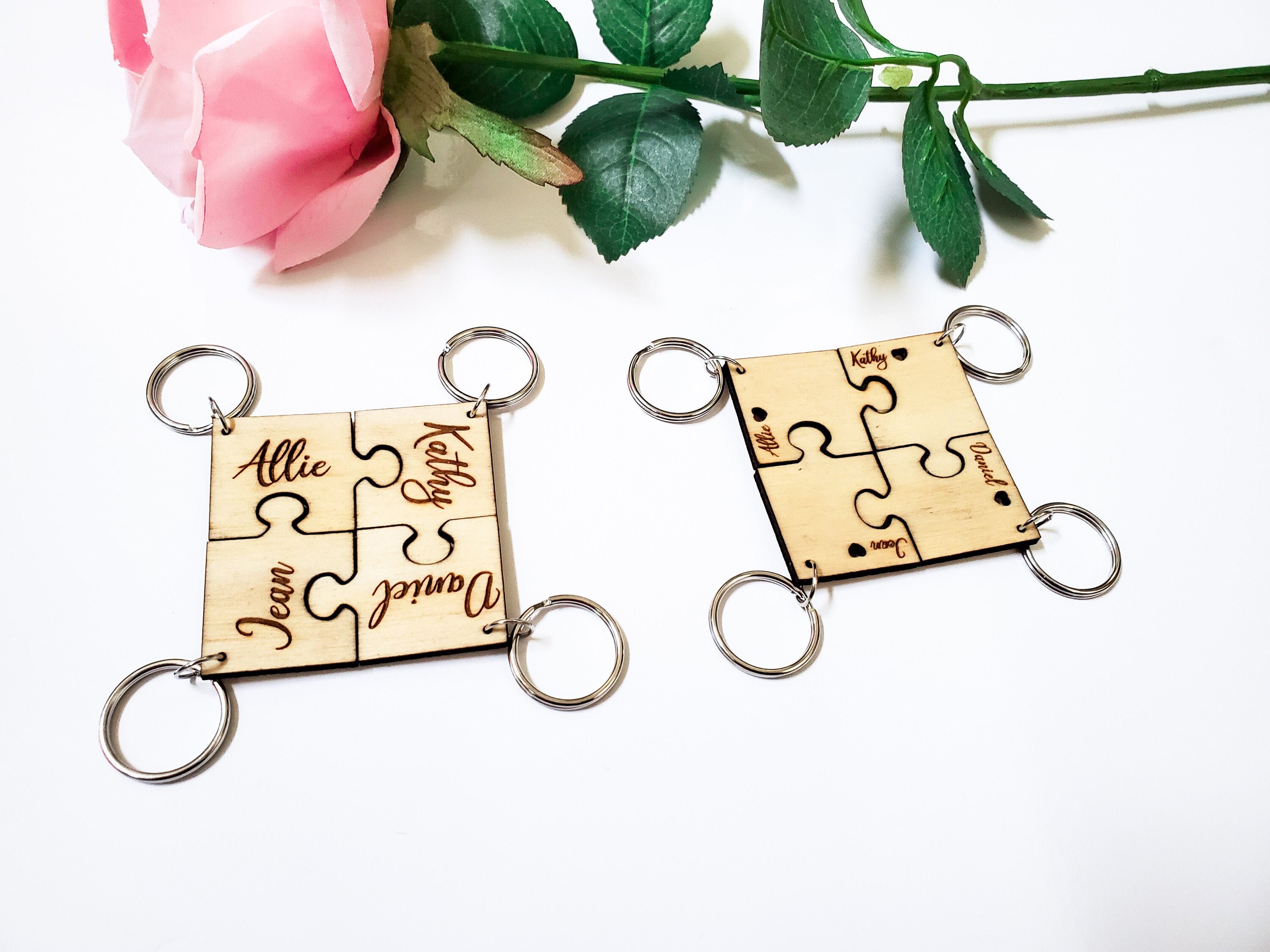 Personalized Puzzle Keychain Engraved Wood Keychain Set Etsy