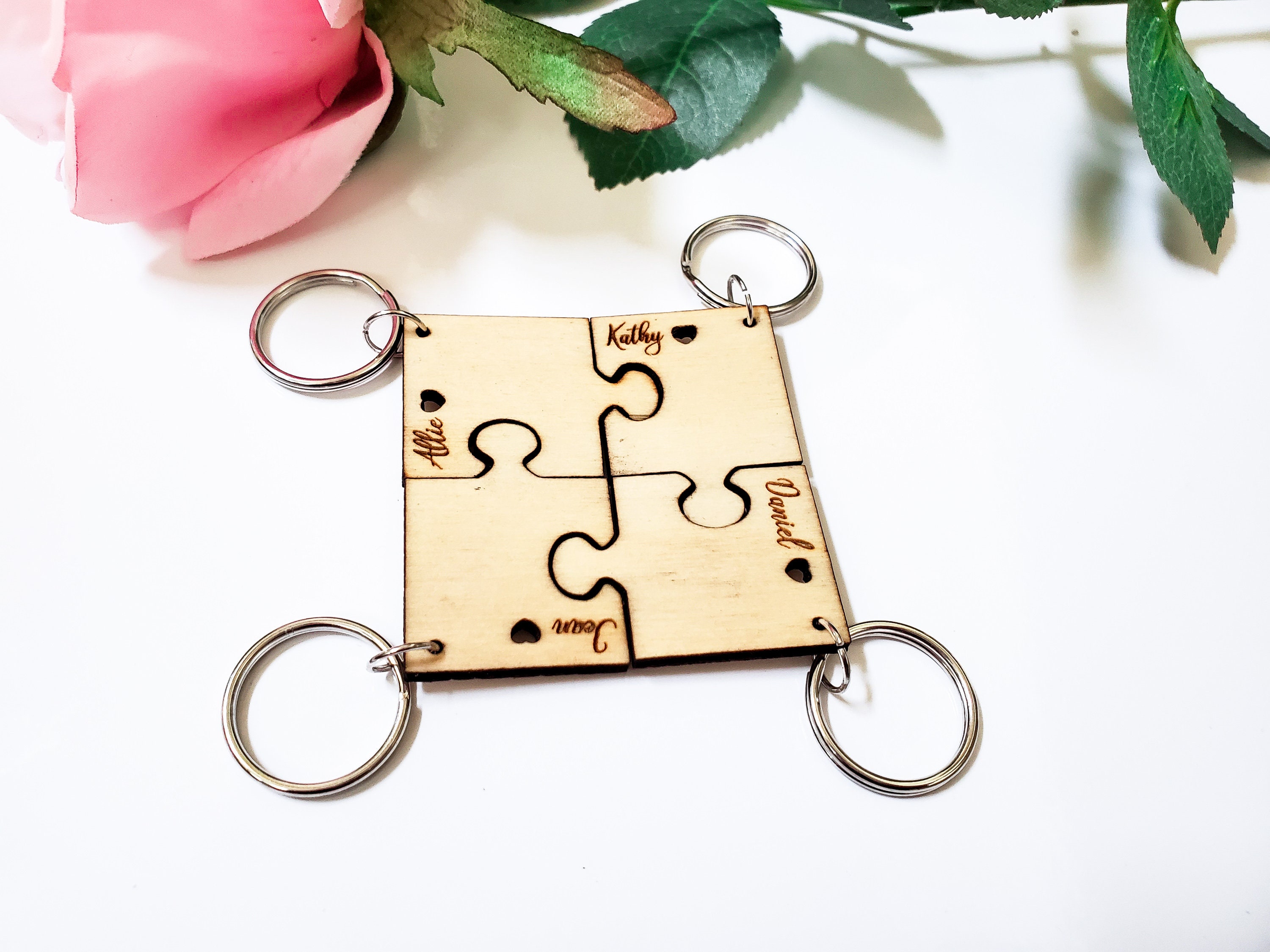 Personalized Puzzle Keychain Engraved Wood Keychain Set Etsy